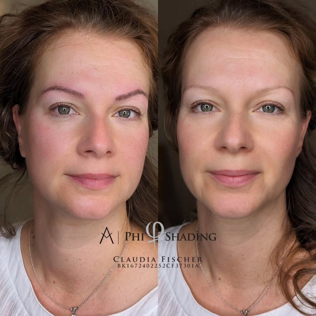 Vorher-Nachher von Microblading für symmetrische Augenbrauen.