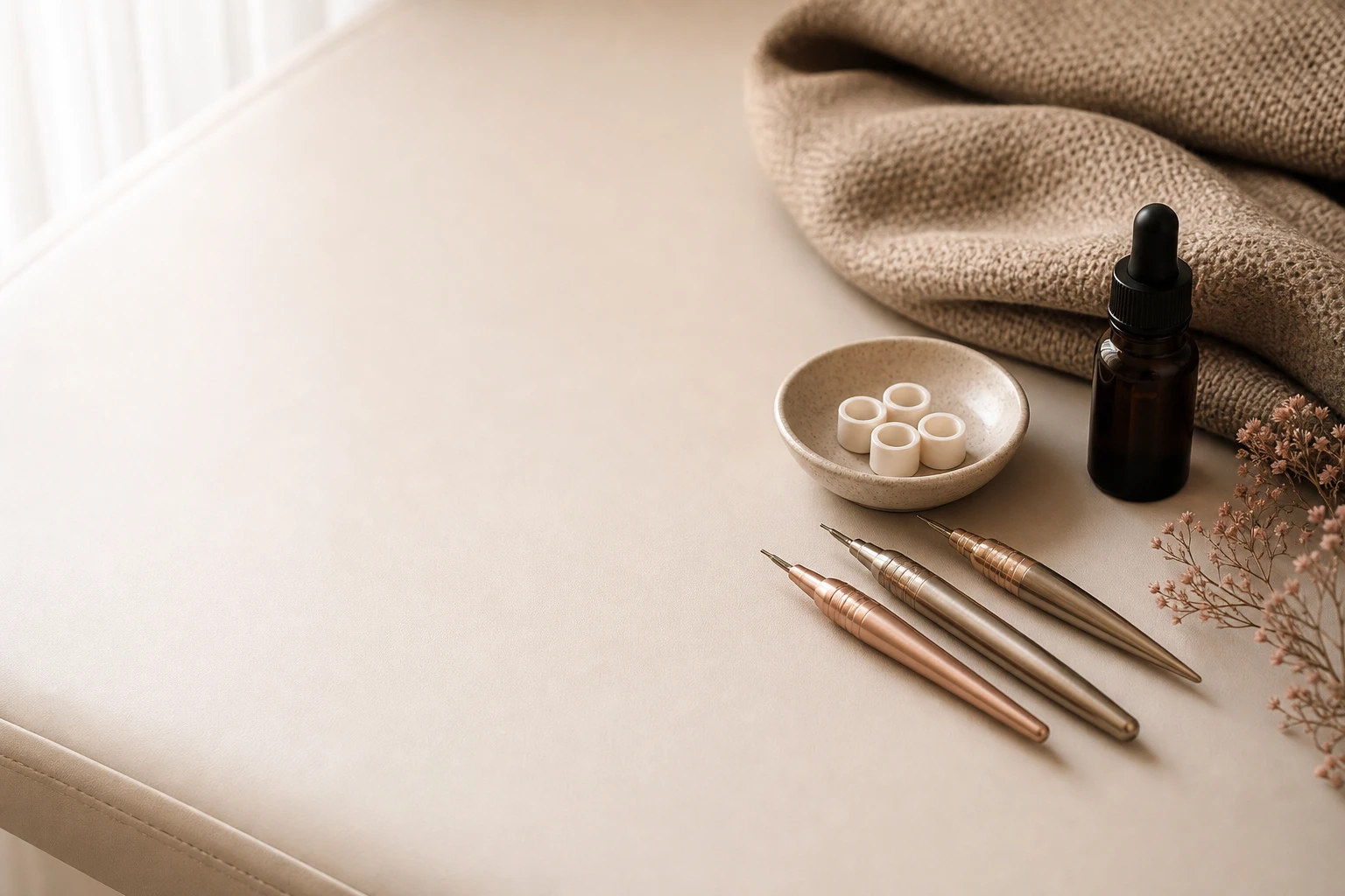 Ruhige Arbeitsumgebung mit Tuch, Schale und feinen Permanent-Make-up-Werkzeugen